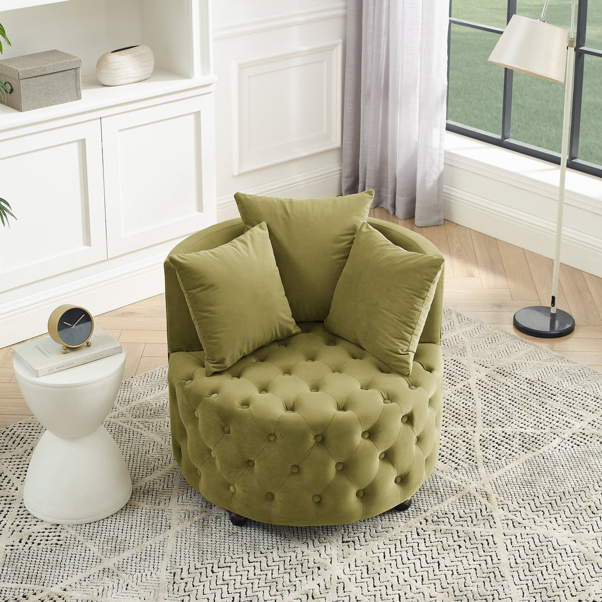 Khaki Green Velvet Swivel Chair with Wheels Q994