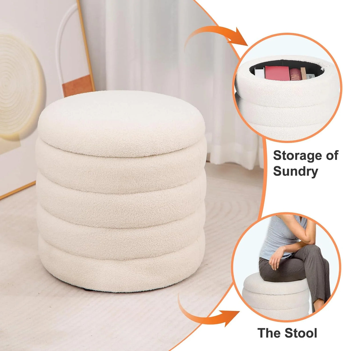 White Velvet Round Ottoman with Storage C156