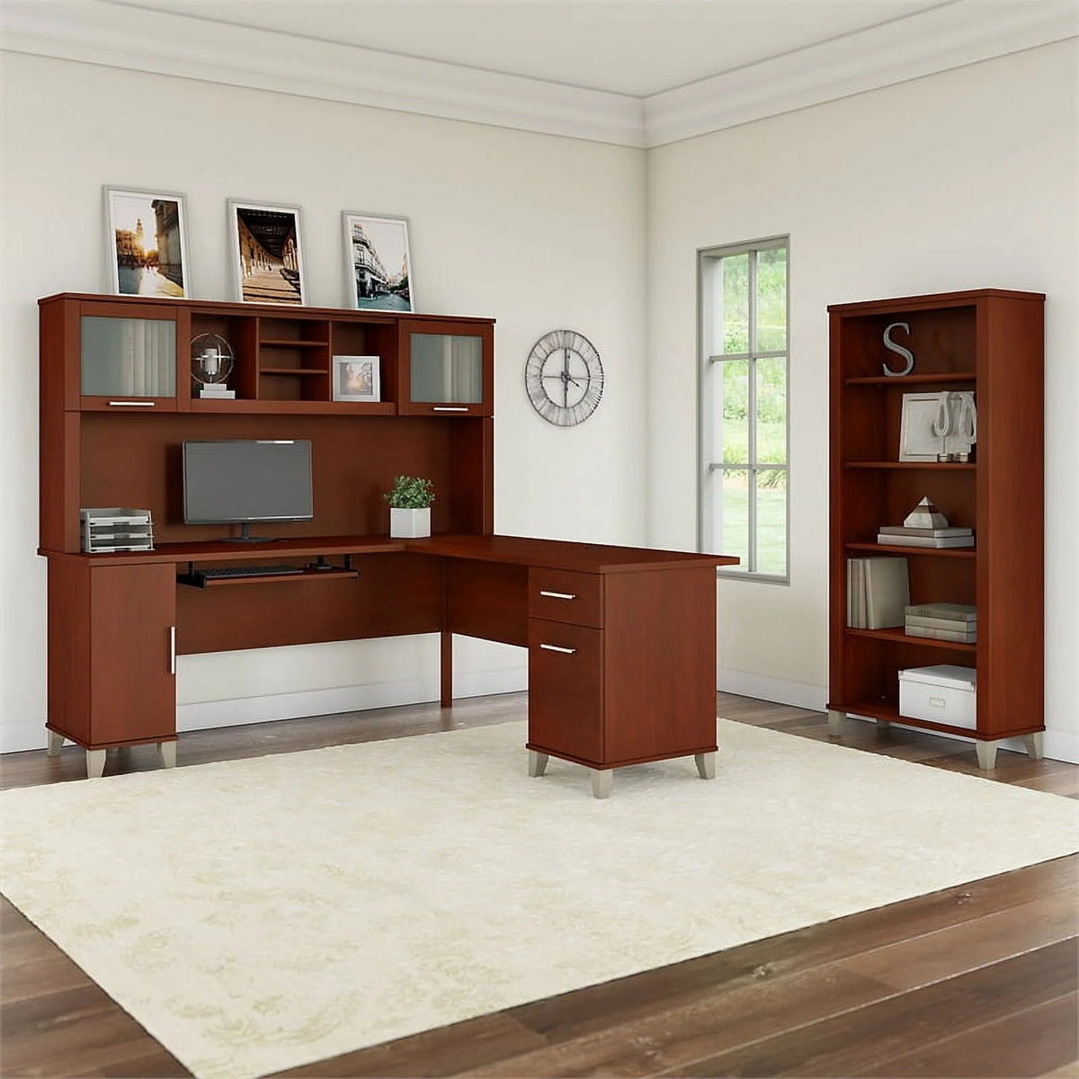 72W L Desk with Hutch & Bookcase S609