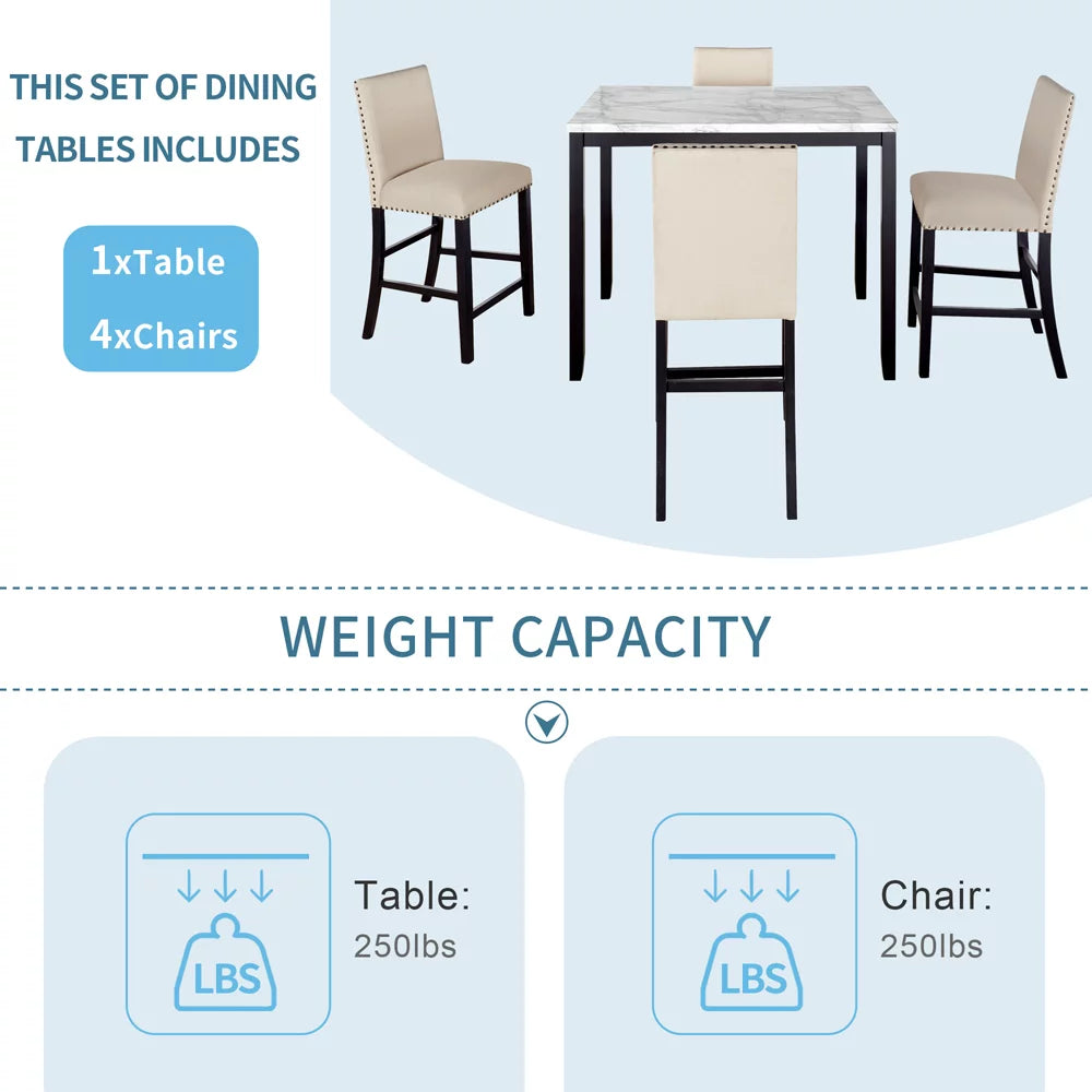 5 Pieces Counter Height Faux Marble Dining Set with 4 Upholstered Chairs X1730