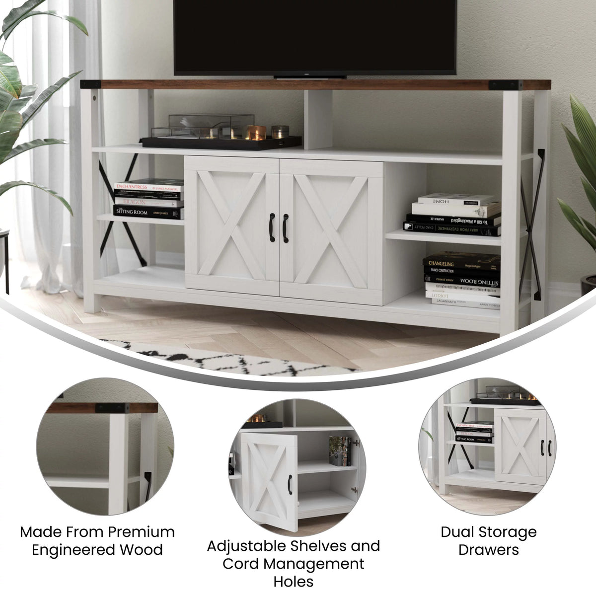 60" White Media Console with Rustic Oak Top U607