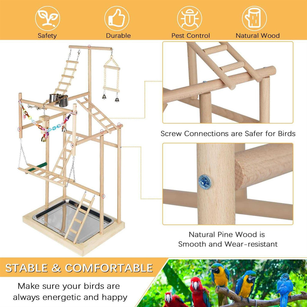 Parrot Bird Play Stand Wood Perch Gym Playpen Ladder with Feeder Cups M699555