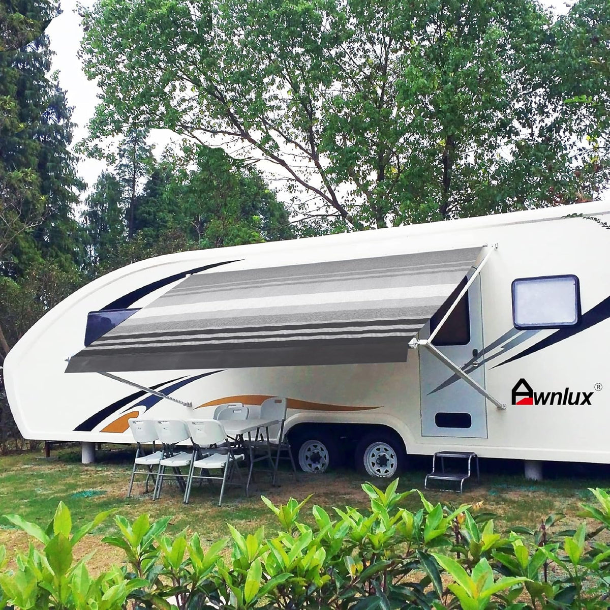 Blue Ombre White 12' Vinyl RV Awning Fabric Replacement with Press Plate & Pull Strap G9934