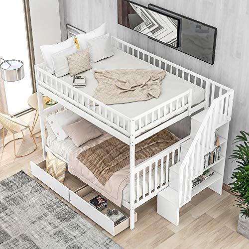 White Full Over Full Wood Bunk Bed with Trundle and Stairs C3519