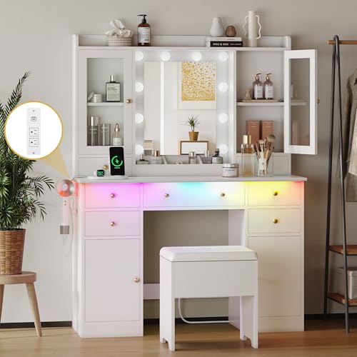 White Vanity Desk with Mirror and Lights and Storage Drawers E87774