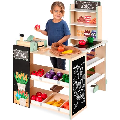 Red Wooden Supermarket Toy Set with Play Food, Cash Register, Conveyor L1942