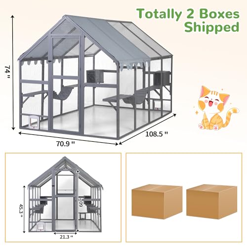Grey Extra Large Wooden Outdoor Cat Enclosure with Canopy E7041