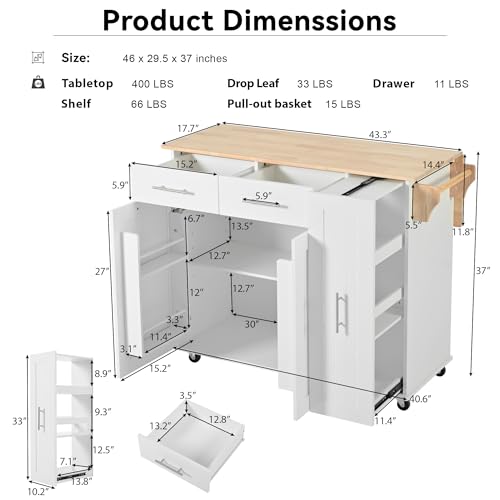 White Farmhouse Kitchen Island with Power Outlet and Drop Leaf T21353