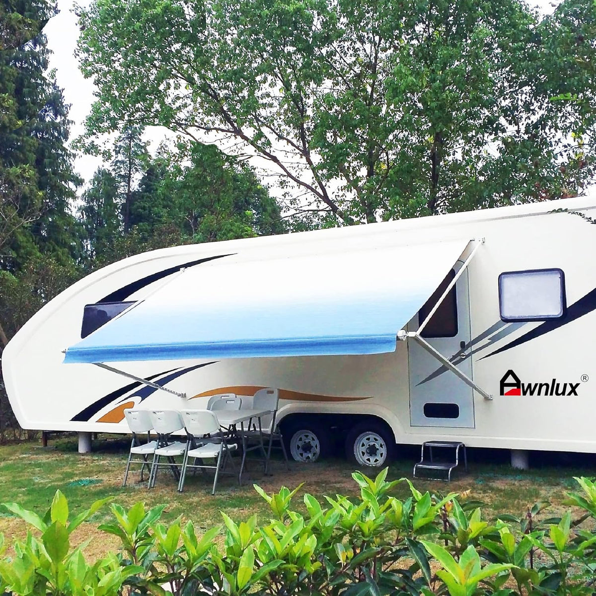 Blue Ombre White 12' Vinyl RV Awning Fabric Replacement with Press Plate & Pull Strap G9934