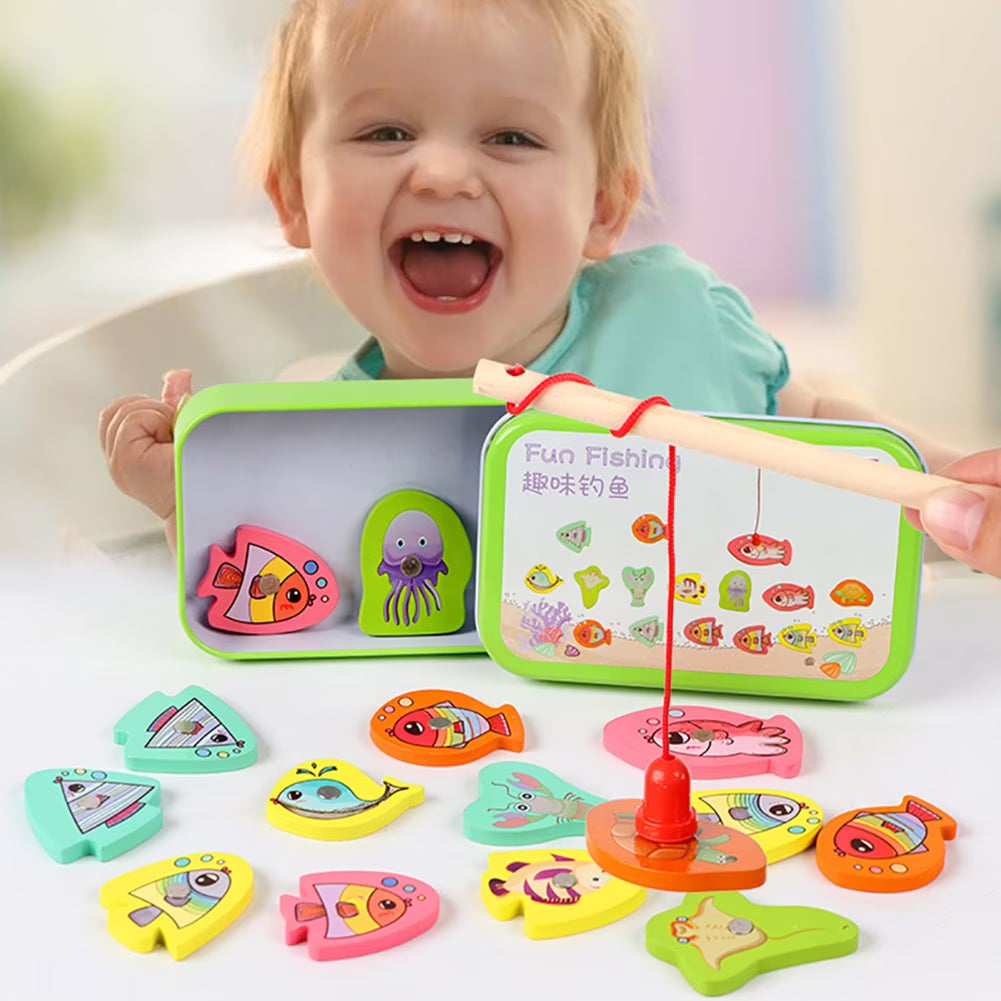15pcs Wooden Magnetic Fishing Toy with 15 Fish and 1 Rod G455029