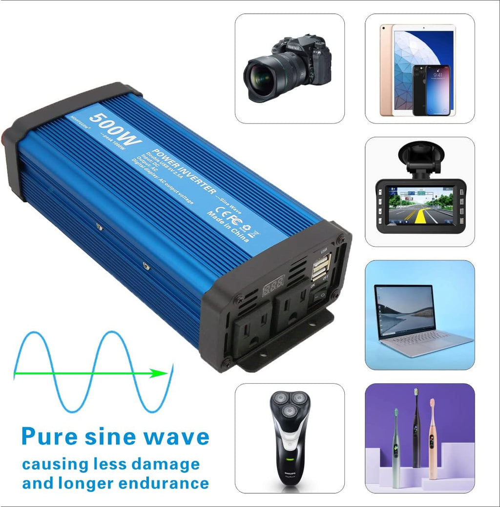 500W Pure Sine Wave Power Inverter DC 12V to 110V AC with 2.4A Dual USB Y607353