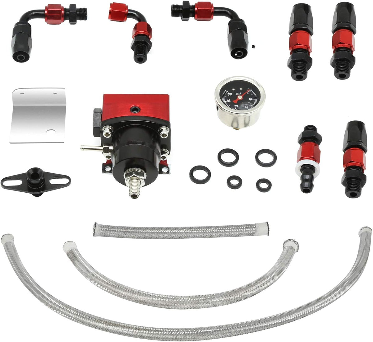 Fuel Pressure Regulator Kit with Pressure Gauge, AN6 Fuel Line, 7Pcs Hose Fitting Connectors, Pack of 2 X59526
