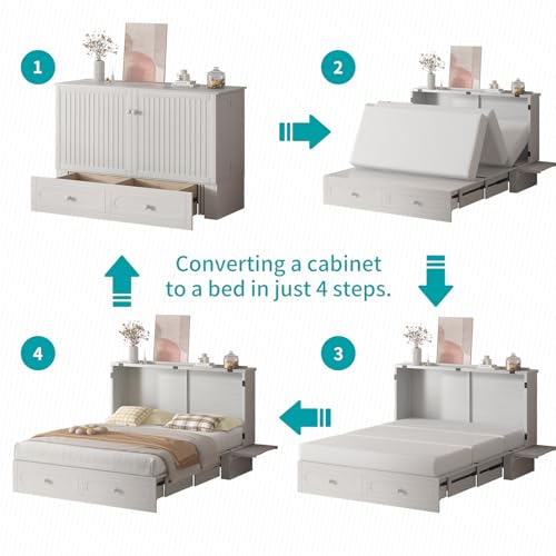 Queen Cabinet Chest Bed with USB Charging Station, Tri-Fold Mattress, 2 Storage Drawers Dark Grey L396