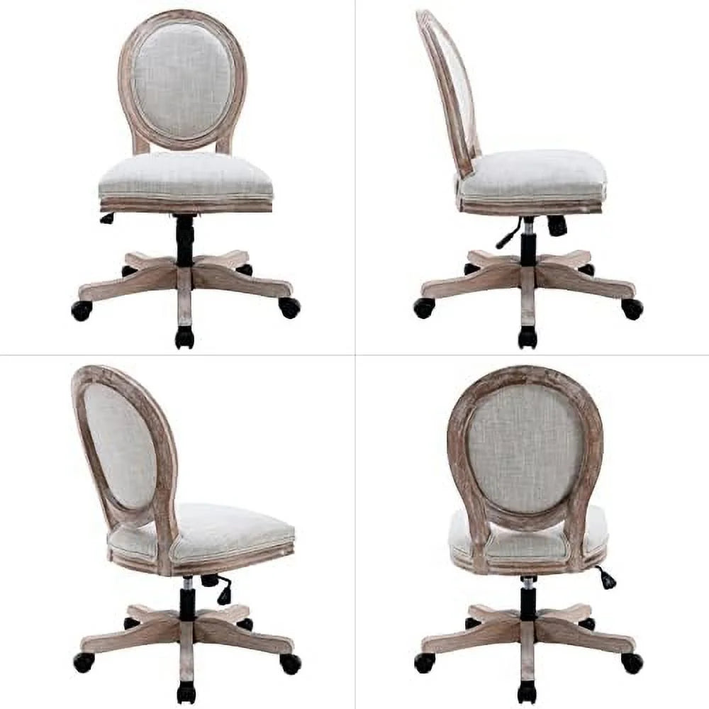 Beige Rattan Back Linen Swivel Task Chair with Wheels T40303