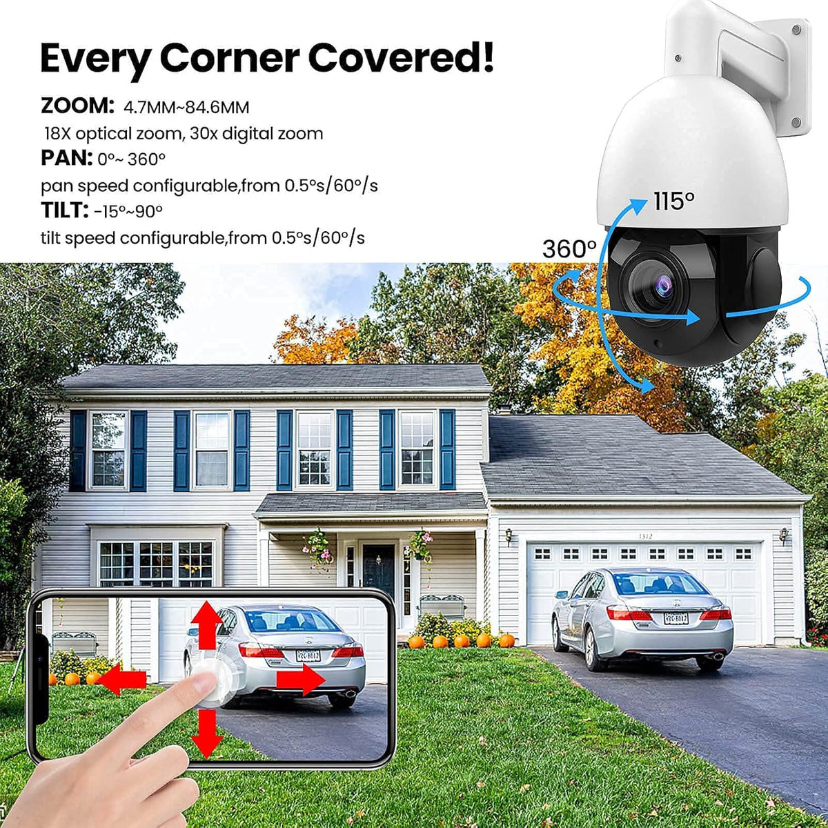 5MP PTZ Camera Outdoor, PoE Speed Dome IP Camera, 18x Optical Zoom, 165ft IR Night Vision, IP66 Security Cameras K179