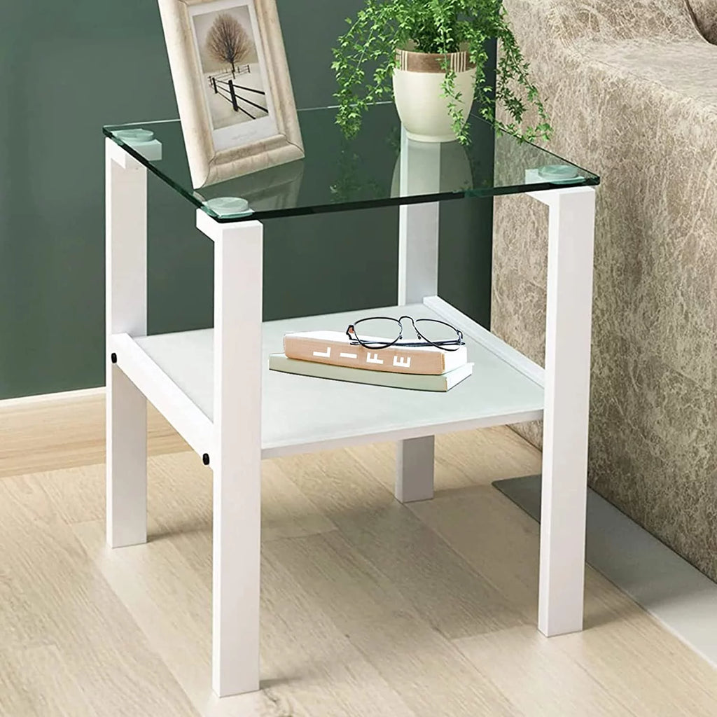 Glass End Table, 2 Layer White Small Corner Table C226649