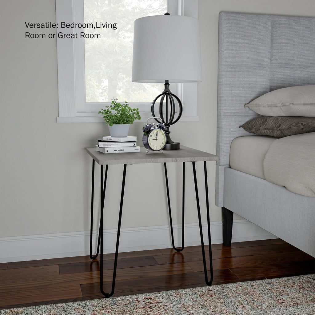 Modern End Table with Hairpin Legs and Woodgrain Finish Gray K392