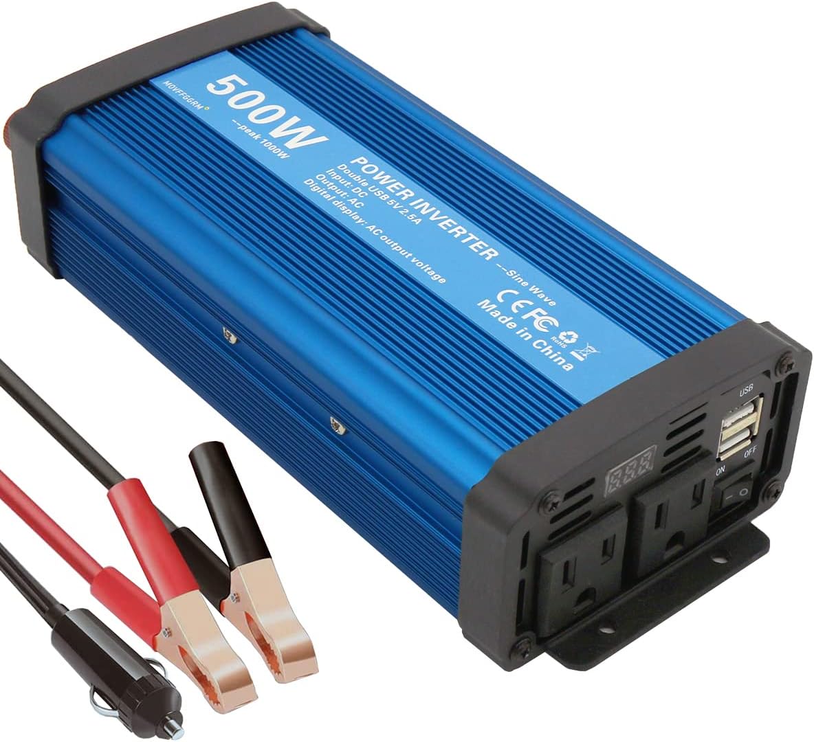 500W Pure Sine Wave Power Inverter DC 12V to 110V AC with 2.4A Dual USB Y607353