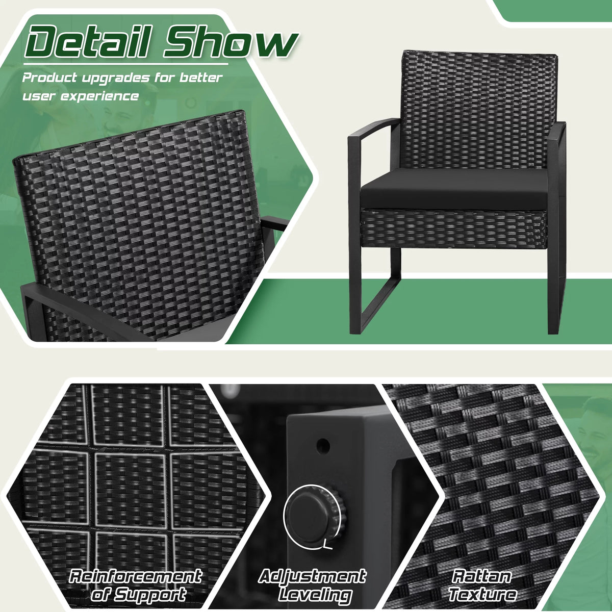 Black 3-Piece Wicker Bistro Chair Set with Coffee Table K806