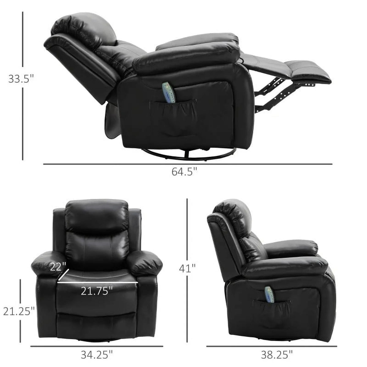 Black Faux Leather Remote Massage Recliner Chair with Footrest B84617