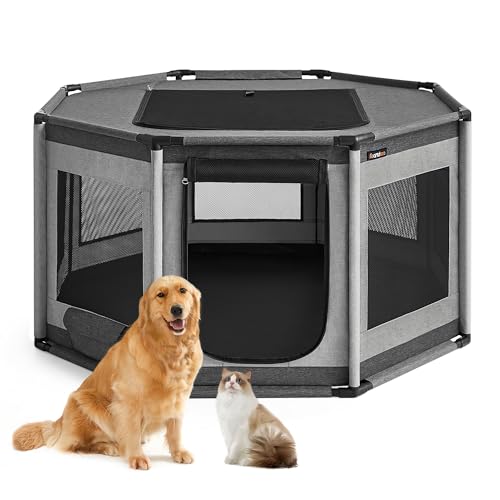 Oxford Fabric Dog Playpen, L, 44.1 x 44.1 x 24.4 Inches, PVC Pipe Frame, Breathable Mesh, Double Openings, Dove Gray and Slate Gray T329