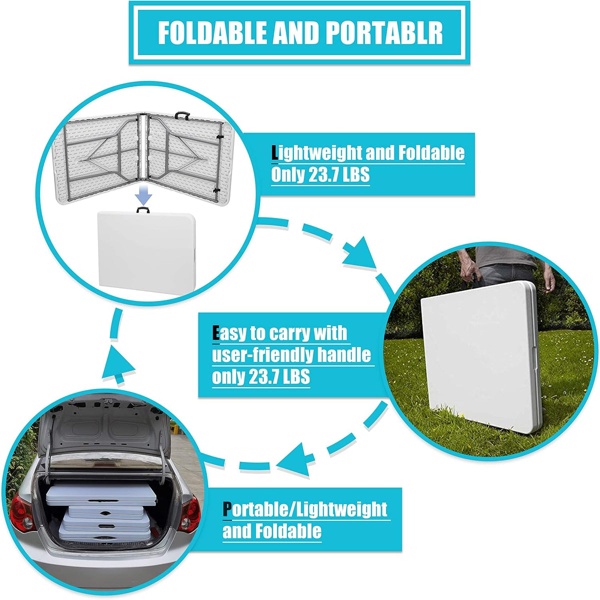 White 6 Foot Foldable Plastic Table with Handle A815