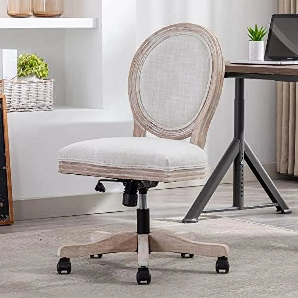 Beige Rattan Back Linen Swivel Task Chair with Wheels T40303
