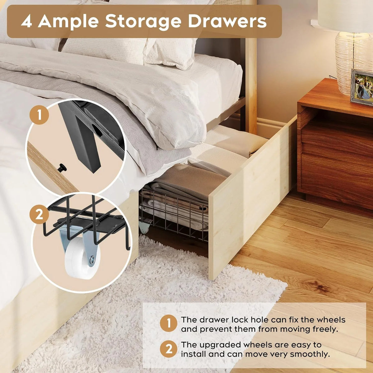 Natural Rattan Queen Bed Frame with Wooden Headboard and 4 Storage Drawers T4797