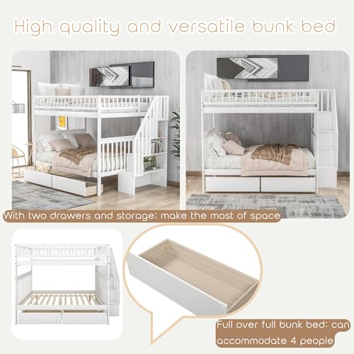 White Full Over Full Wood Bunk Bed with Trundle and Stairs C3519