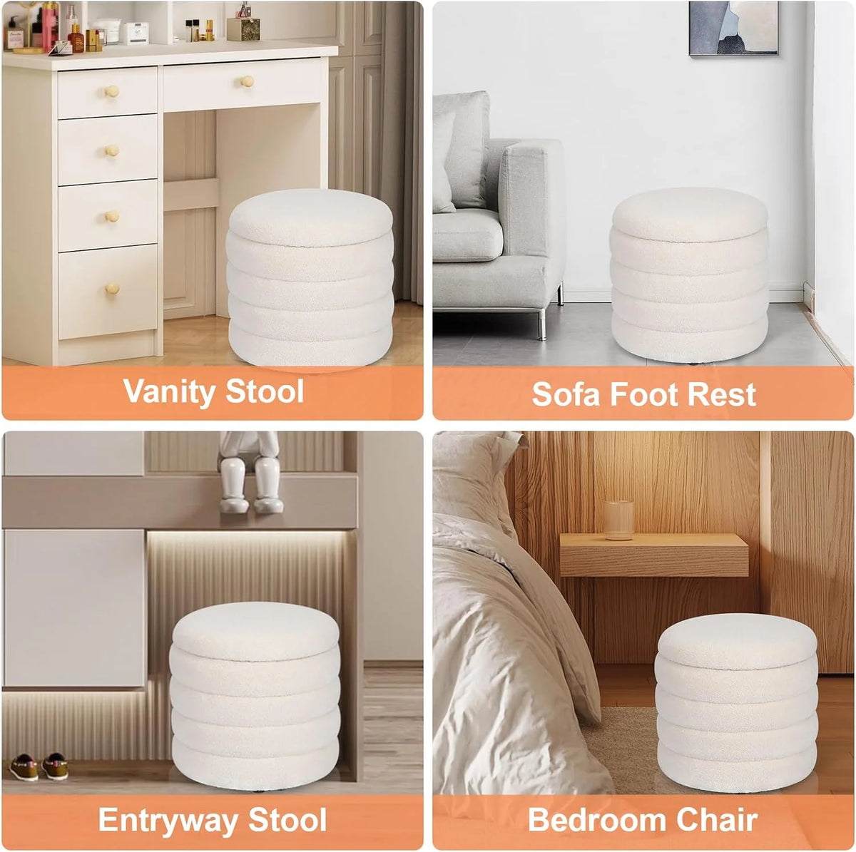 White Velvet Round Ottoman with Storage C156