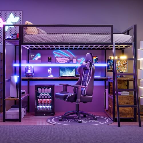 Full Size Black Metal Loft Bed with Desk and Stairs Q972