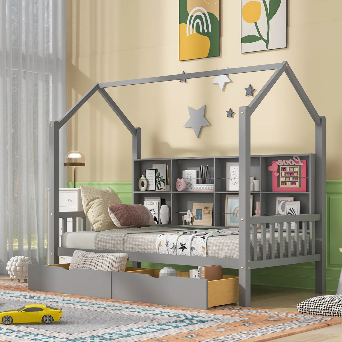 Wooden Twin Size House Bed with 2 Drawers and Storage Shelf O52267