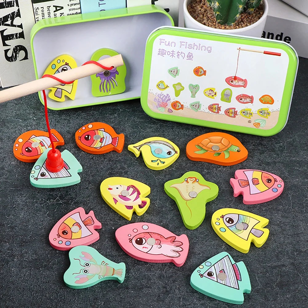 15pcs Wooden Magnetic Fishing Toy with 15 Fish and 1 Rod G455029