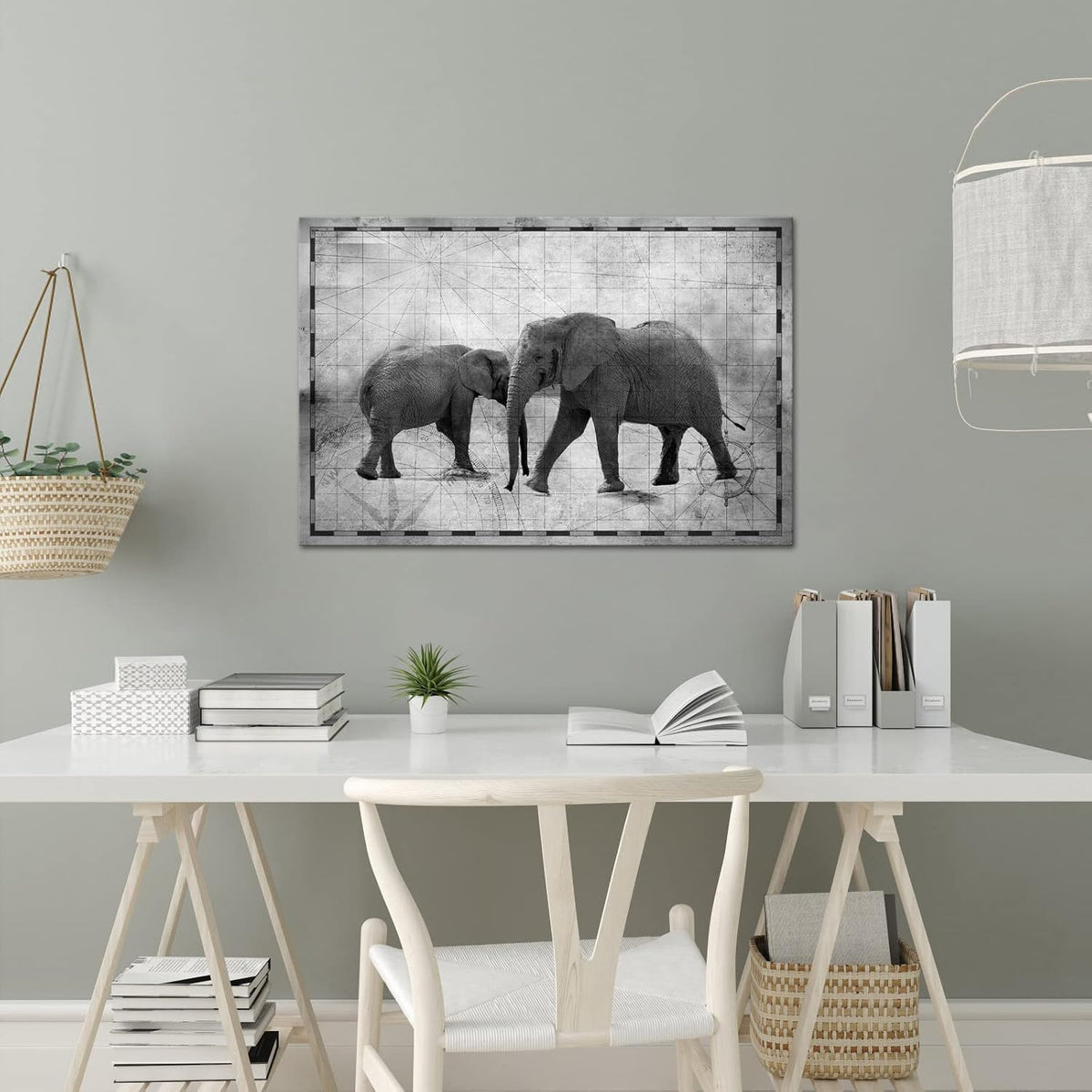 Vintage African Animals Wall Art Elephant Print on Nautical Map Canvas Picture Framed A5973