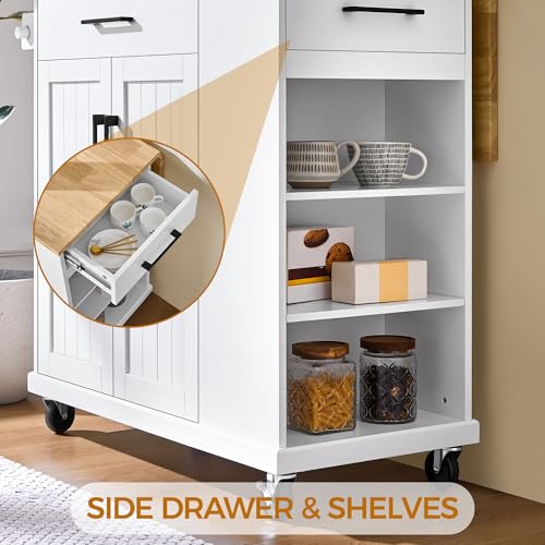 White Rolling Kitchen Island Cart with Drop Leaf, 2 Drawers N85781