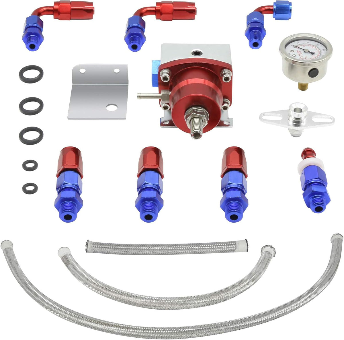 Fuel Pressure Regulator Kit with Pressure Gauge, AN6 Fuel Line, 7Pcs Hose Fitting Connectors, Pack of 2 X59526