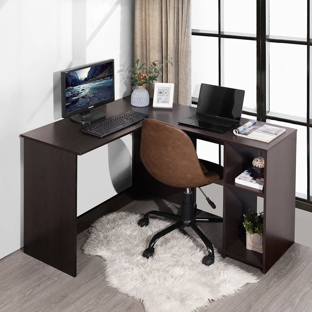 Brown L-Shaped Corner Desk with 2 Shelves C1292