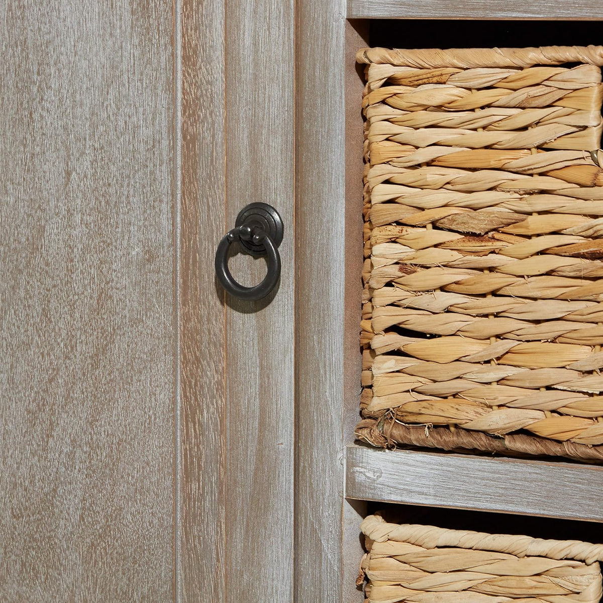 Whitewash Taupe Wood Basket Cabinet S6035