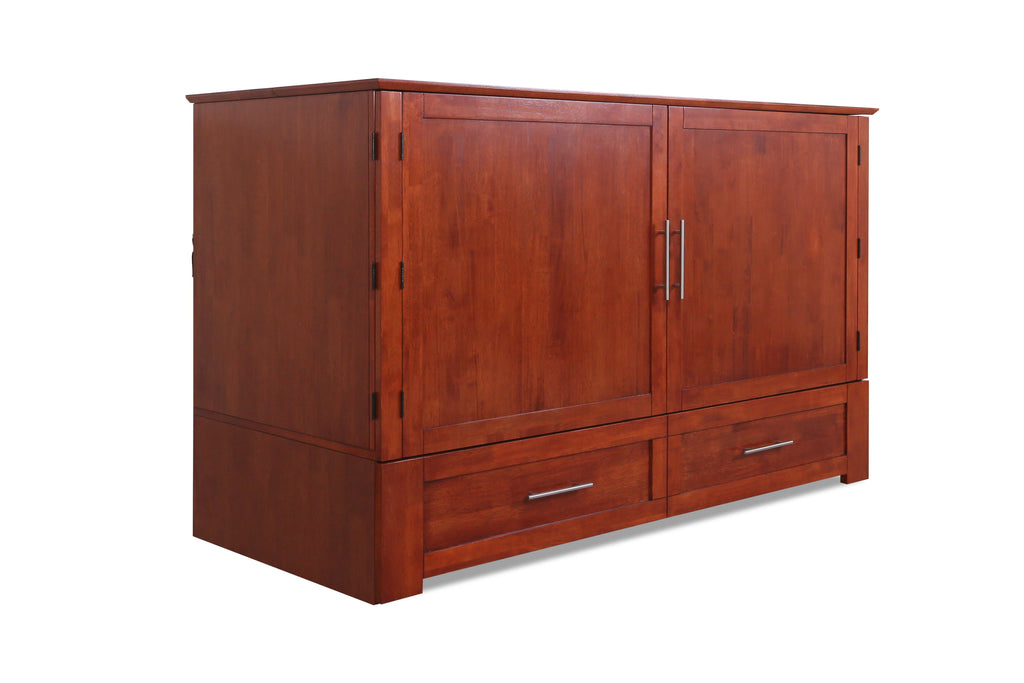 Queen Cherry Murphy Cabinet Chest Bed with Charging Station & 6" Memory Foam Mattress I836873