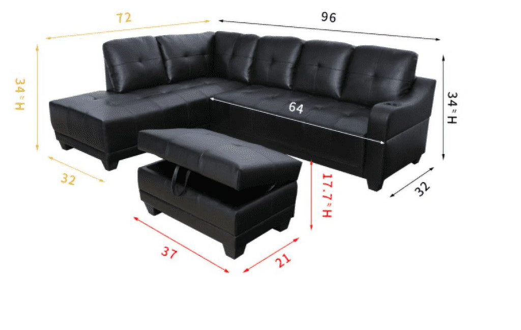 96" Wide Black Leather Left Hand Facing Sectional Sofa & Chaise with Ottoman I46353