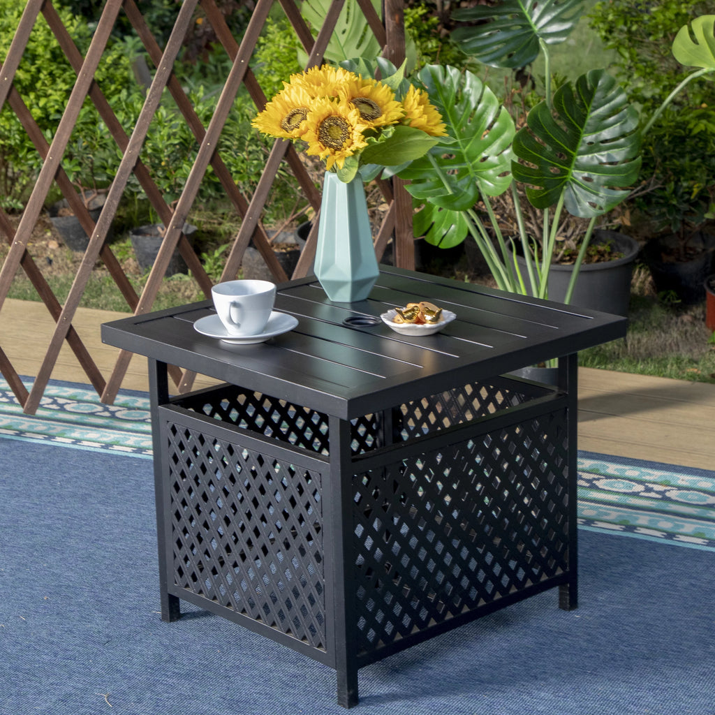 Black Metal Bistro Side Table with Umbrella Hole O6508