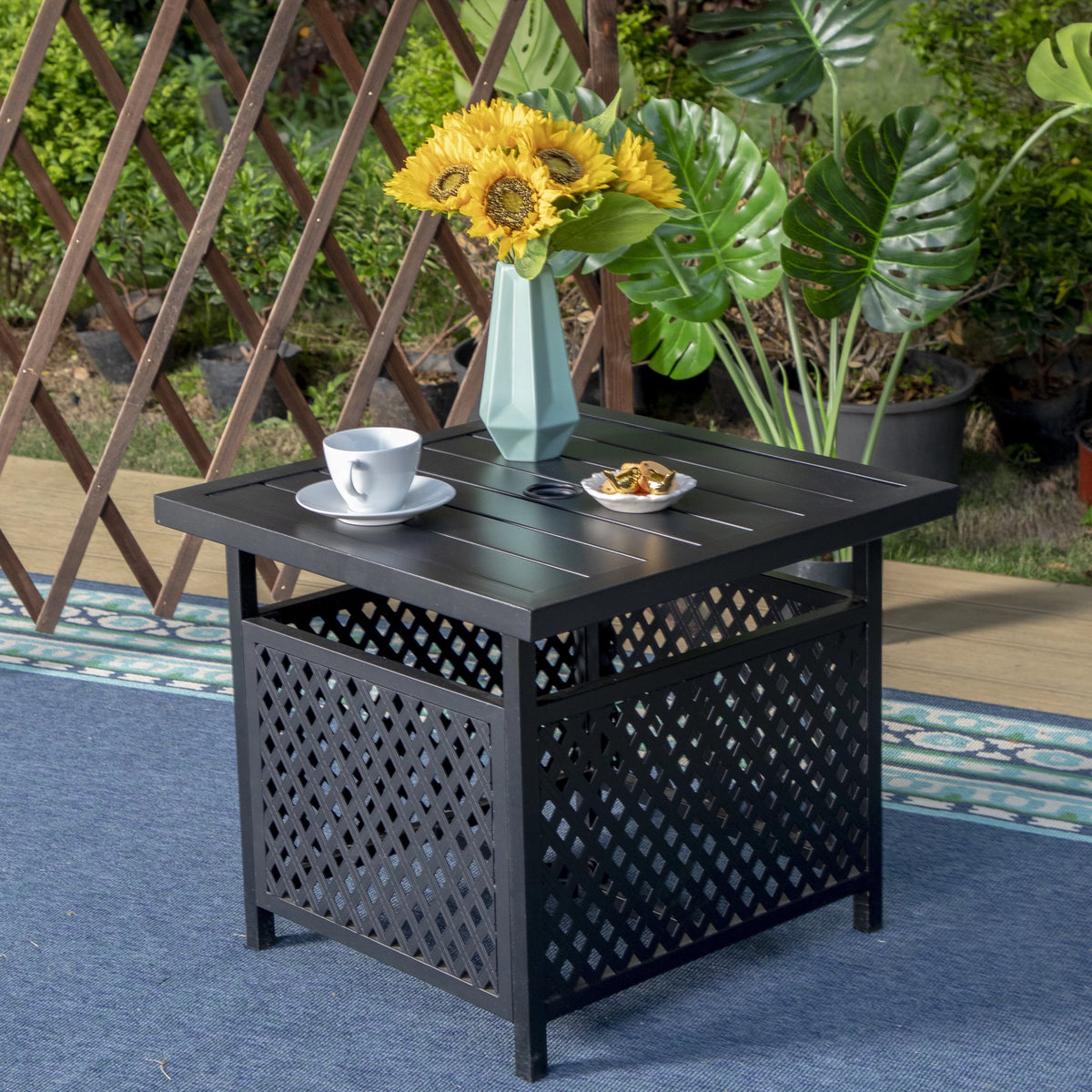 Black Metal Bistro Side Table with Umbrella Hole O6508