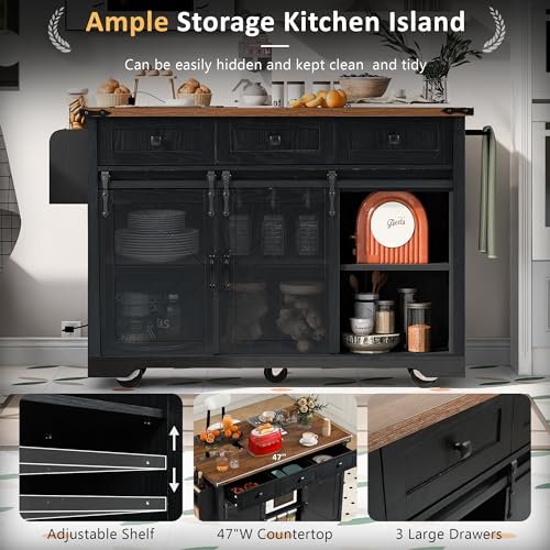 White Farmhouse Kitchen Island with Power Outlet and Drop Leaf T21353
