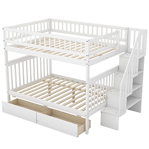 White Full Over Full Wood Bunk Bed with Trundle and Stairs C3519