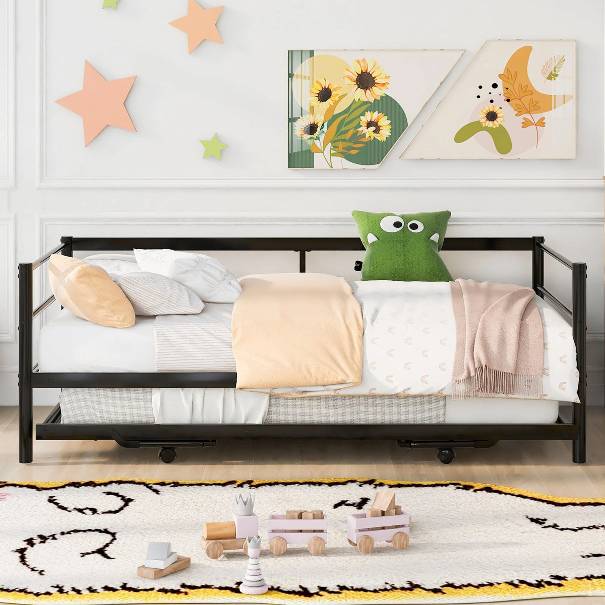 Twin Size Black Metal Daybed with Trundle N1717