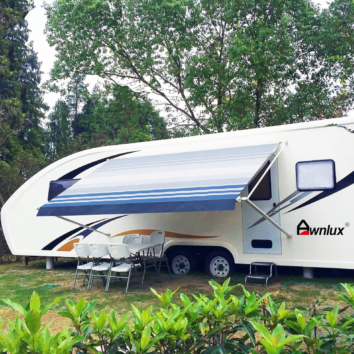 Blue Ombre White 12' Vinyl RV Awning Fabric Replacement with Press Plate & Pull Strap G9934