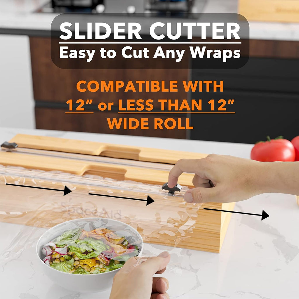 2 in 1 Wrap Dispenser with Cutter and Labels, Bamboo Roll Organizer Holder, Pack of 2 W140
