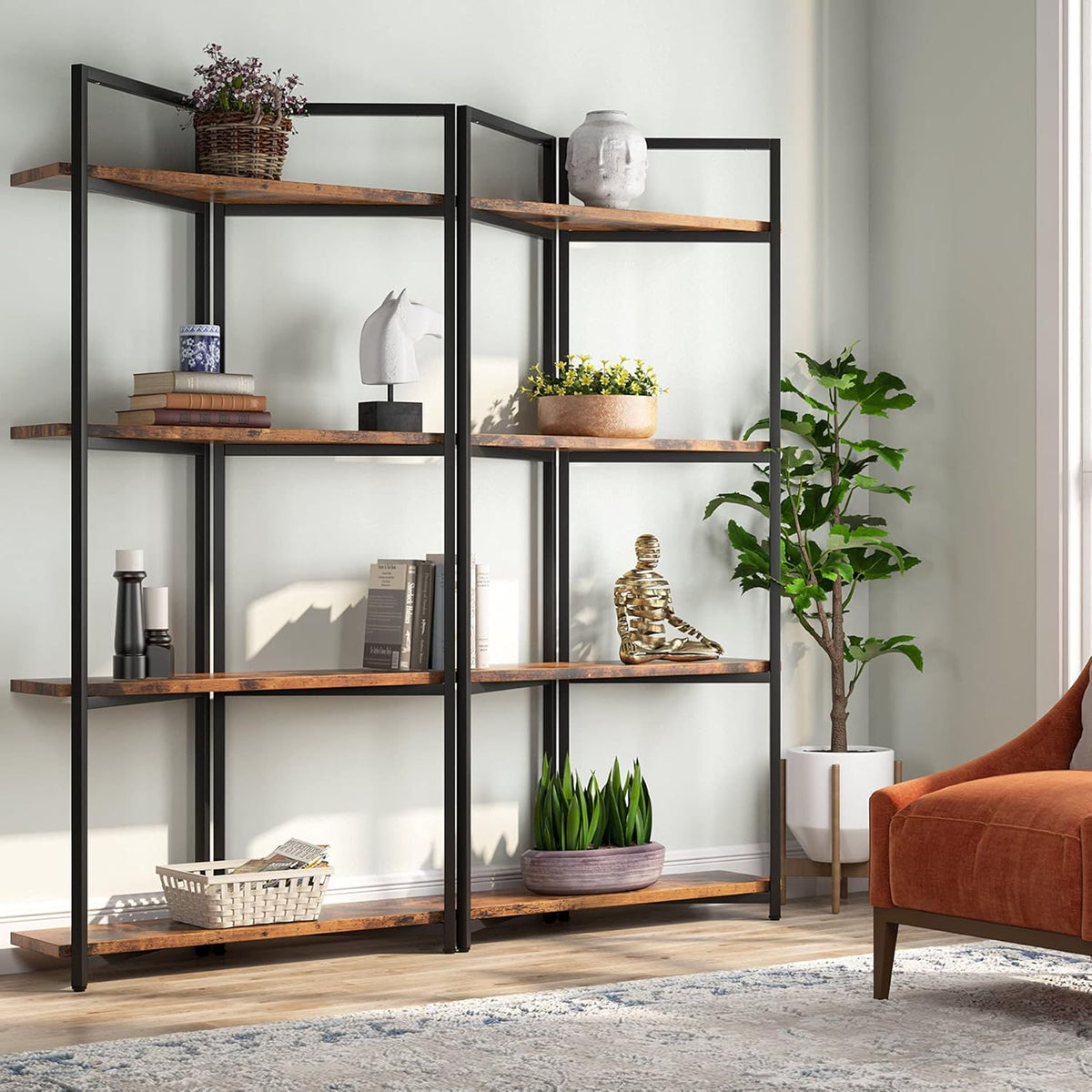 Rustic Brown 4-Tier Open Bookcase P9114