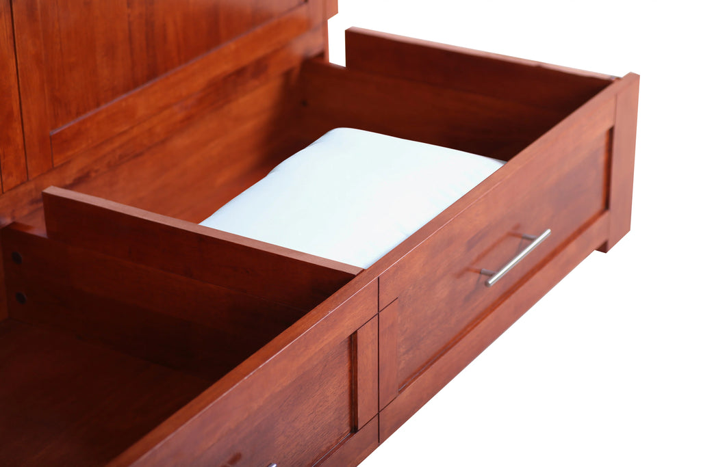Queen Cherry Murphy Cabinet Chest Bed with Charging Station & 6" Memory Foam Mattress I836873