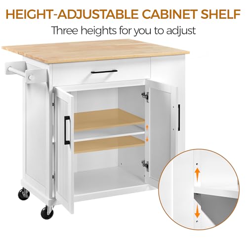 White Rolling Kitchen Island Cart with Drop Leaf, 2 Drawers N85781